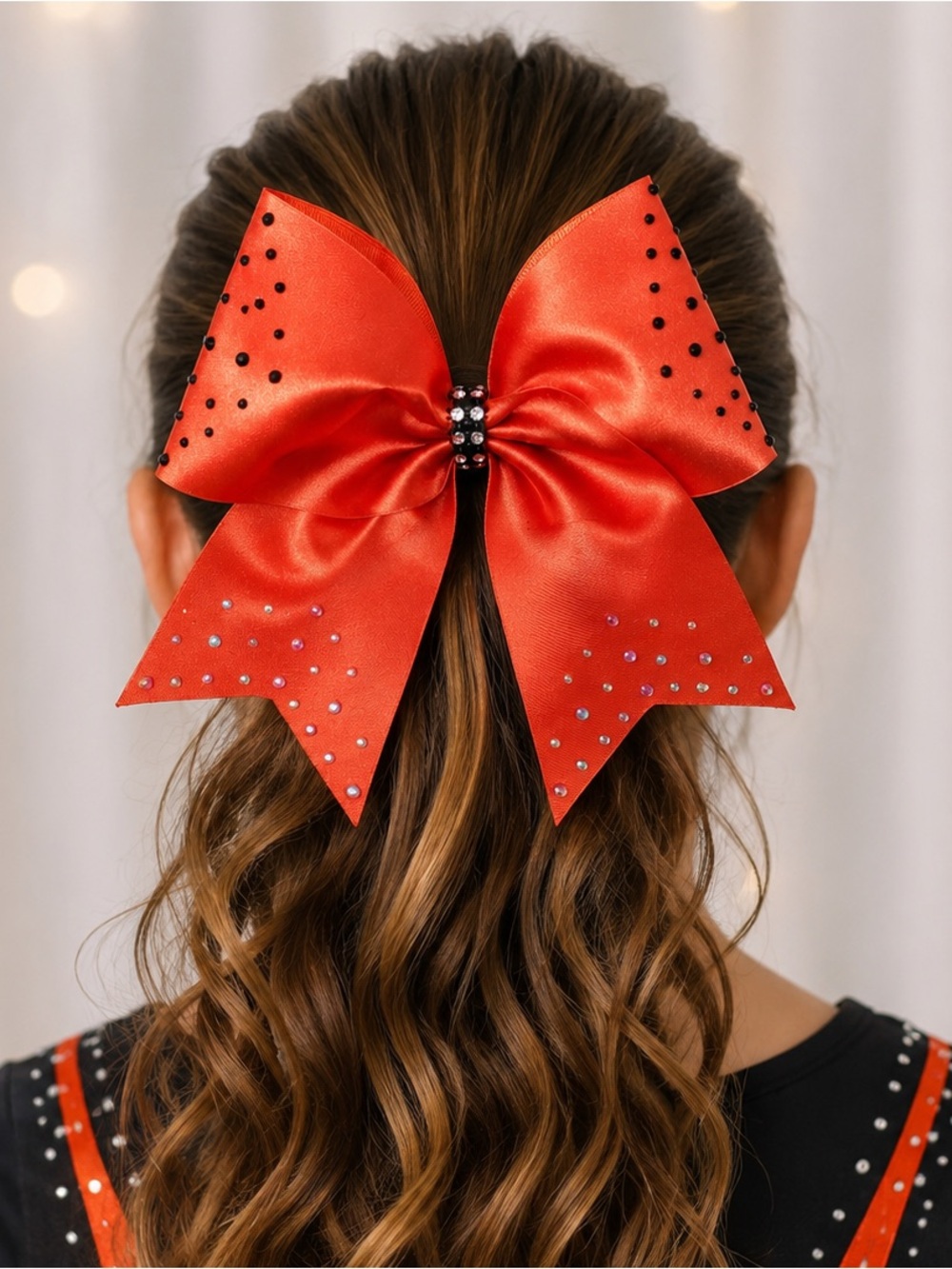 Orange Rhinestone Cheer Bow Ponytail Holder Satin Hair Accessory New